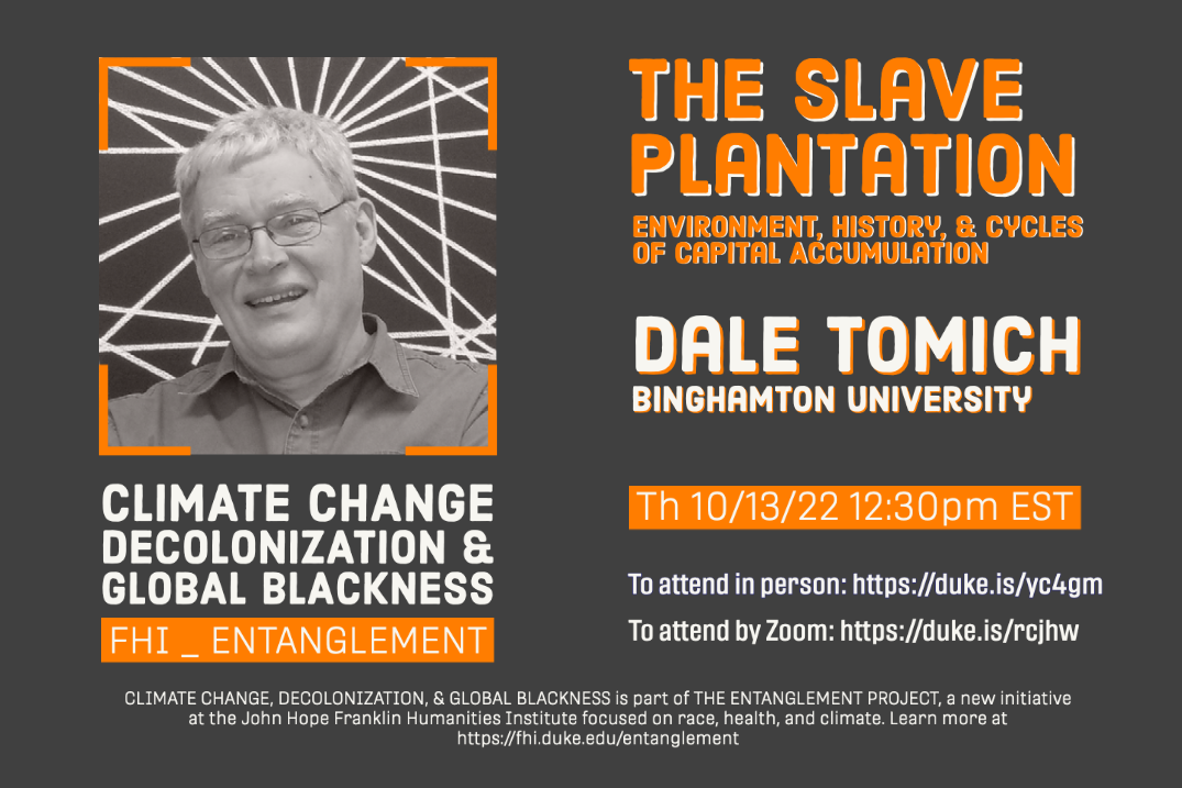 poster image with white text against gray background with orange accents. The poster includes a portrait photo of Dale Tomich, the guest speaker. He is wearing glasses with rectangular frames and a collared button up shirt.